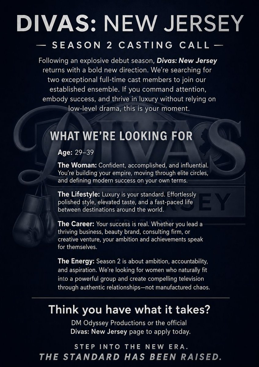 DIVASNJ56's tweet photo. We are officially looking for new DIVAS in the New Jersey area! Don't miss your chance to be a part of the revamped series... Only two spots are left! 🤫🥊 #DivasNJE

DM @DIVAS56/@OdysseyProRP to apply! https://t.co/ACmEFRrhVO