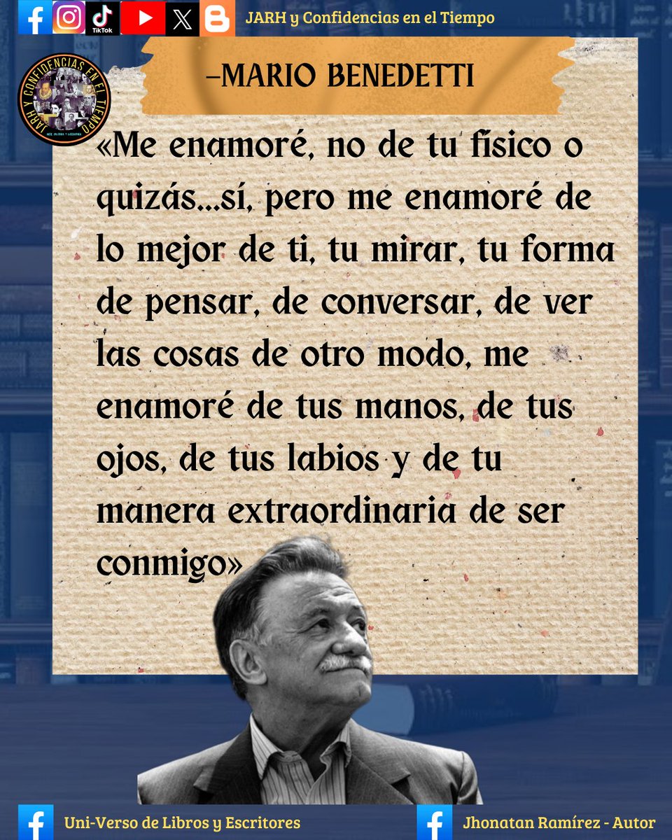 JhonatanJarh's tweet photo. 📌 MARIO BENEDETTI: 

#JARH #UniversoDeLibrosyEscritores #JARHyConfidenciasenelTiempo  #MarioBenedetti #Arte #Cultura #Literatura #Escritores  #LiteraturaUniversal #Poesia #Poetas   #Libros  

•Suscribirse al canal de YouTube: "JARH y Confidencias en el Tiempo" https://t.co/xLlyHM2Bbw