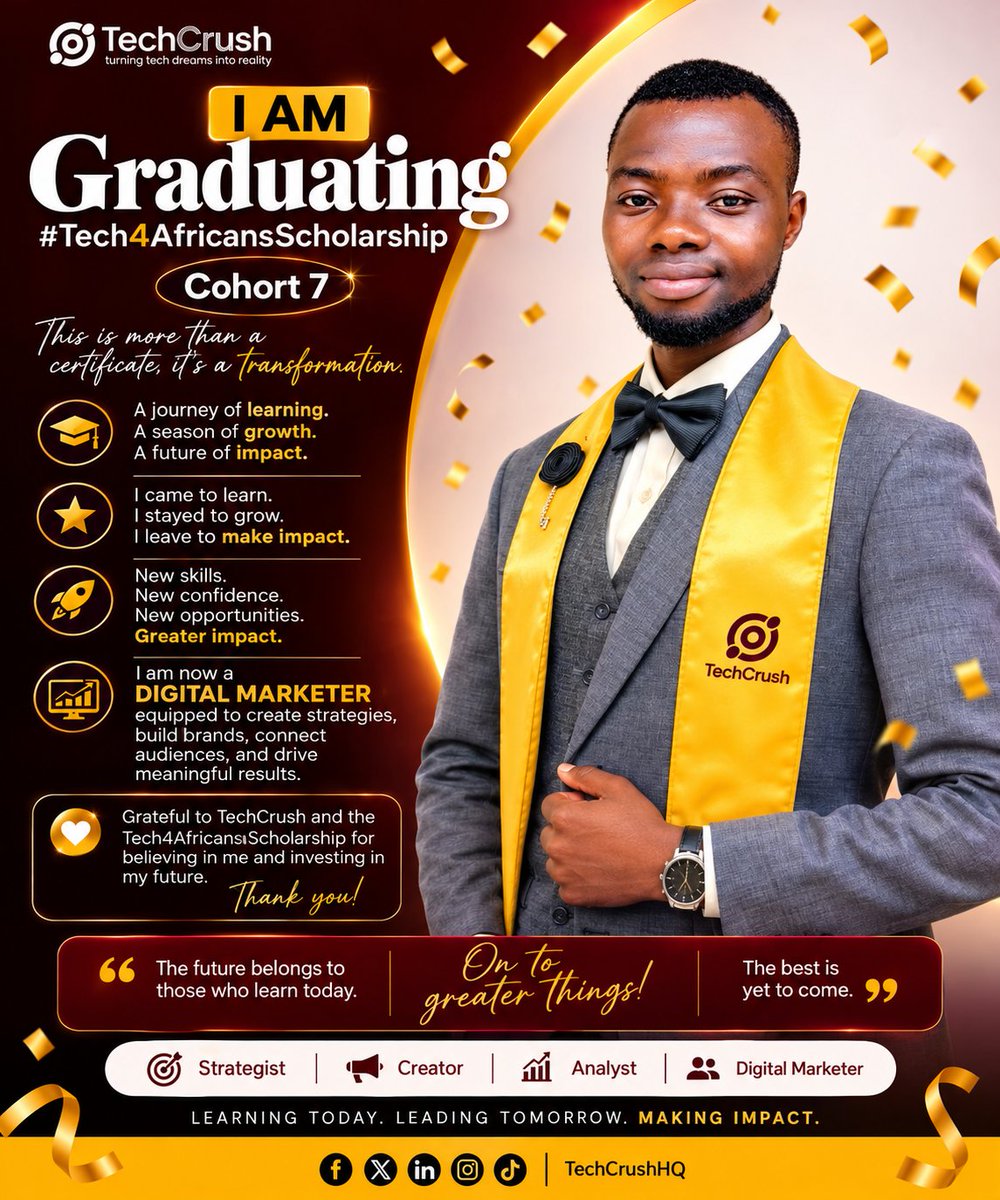 Empxccess's tweet photo. 🎓✨ I AM GRADUATING! ✨🎓

Today, I celebrate more than just the completion of a course. I celebrate, growth learning, resilience and the courage to keep pushing forward.
I am deeply grateful to TechCrush and the #Tech4AfricansScholarship – https://t.co/jRHDx1Ci0B