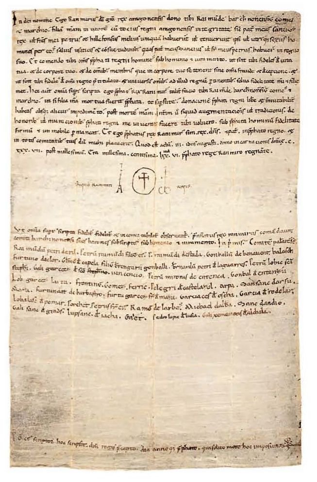jordigalves's tweet photo. El reialme d'Aragó és propietat del comte de Barcelona. No al revés. Ho dic jo? No. Ho diu el rei Ramir el Monjo que dona la filla i el regne al comte de Barcelona. No al revés: "Ego Ranimirus, Dei gratia rex aragonensis, dono tibi, Raimundo, barchinonensium comes et marchio, filiam meam in uxorem, cum tocius regni aragonensis integritate..." Jo et dono a tu la filla tot el regne íntegrament, és el que diu el rei d'Aragó.
