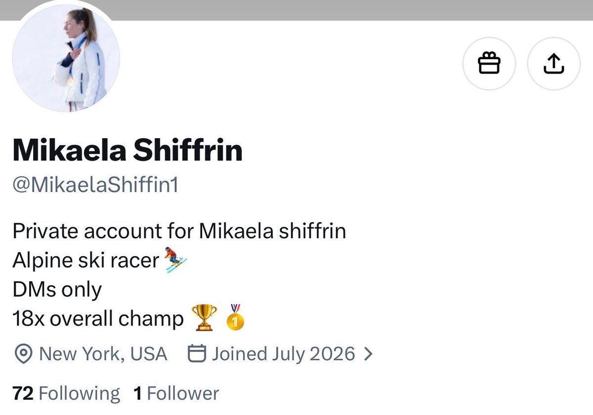 MikaelaShiffrin's tweet photo. Just a reminder…this account below (and any others you may come across that aren’t my verified account) is fake…this is not me. Please block and/or report any fake accounts you come across. https://t.co/4CRvDHiBfA