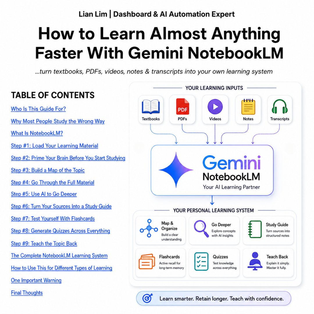 dashboardlim's tweet photo. here’s how to learn almost anything faster with the new Gemini NotebookLM

If you spend hours reading, watching and highlighting

Then forget everything a week later

Just know it’s not a reading problem but a system problem

I’ve just created a guide that gives you the exact 9-step system to turn any PDF, textbook, video, transcript or course

into something you actually remember and can explain

→ Prime your brain before you start studying
→ Build a mind map so everything connects
→ Use AI to go deeper instead of just summarizing
→ Turn your sources into a study guide, flashcards and quizzes
→ Teach the topic back until you can explain it without looking

It works for new business skills, courses, research, exams and company training

This is yours for FREE

👉 RT + Like & Comment "LEARN" and I'll DM you the full guide

No opt-in, no BS
