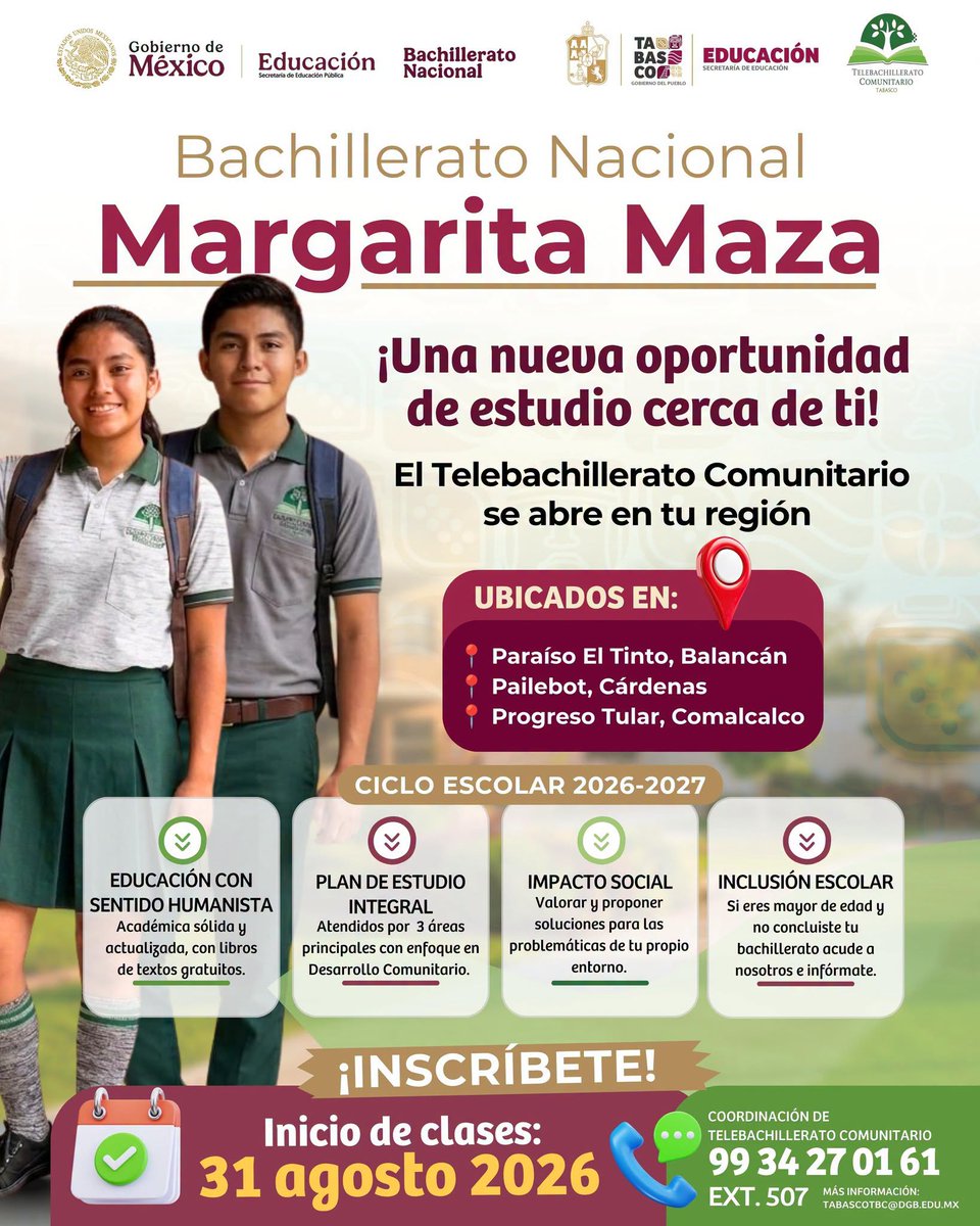 eledenmx20's tweet photo. 📚🌟 Nuevas puertas se abren para las juventudes de Tabasco.

Seis nuevas opciones de Educación Media Superior llegan a comunidades de Balancán, Cárdenas, Comalcalco, Centro y Macuspana, para que más jóvenes puedan continuar su preparación académica sin alejarse de su entorno. 🎓
✨ Con estas alternativas, la educación llega más cerca de las comunidades y brinda a las y los jóvenes nuevas posibilidades para continuar estudiando.