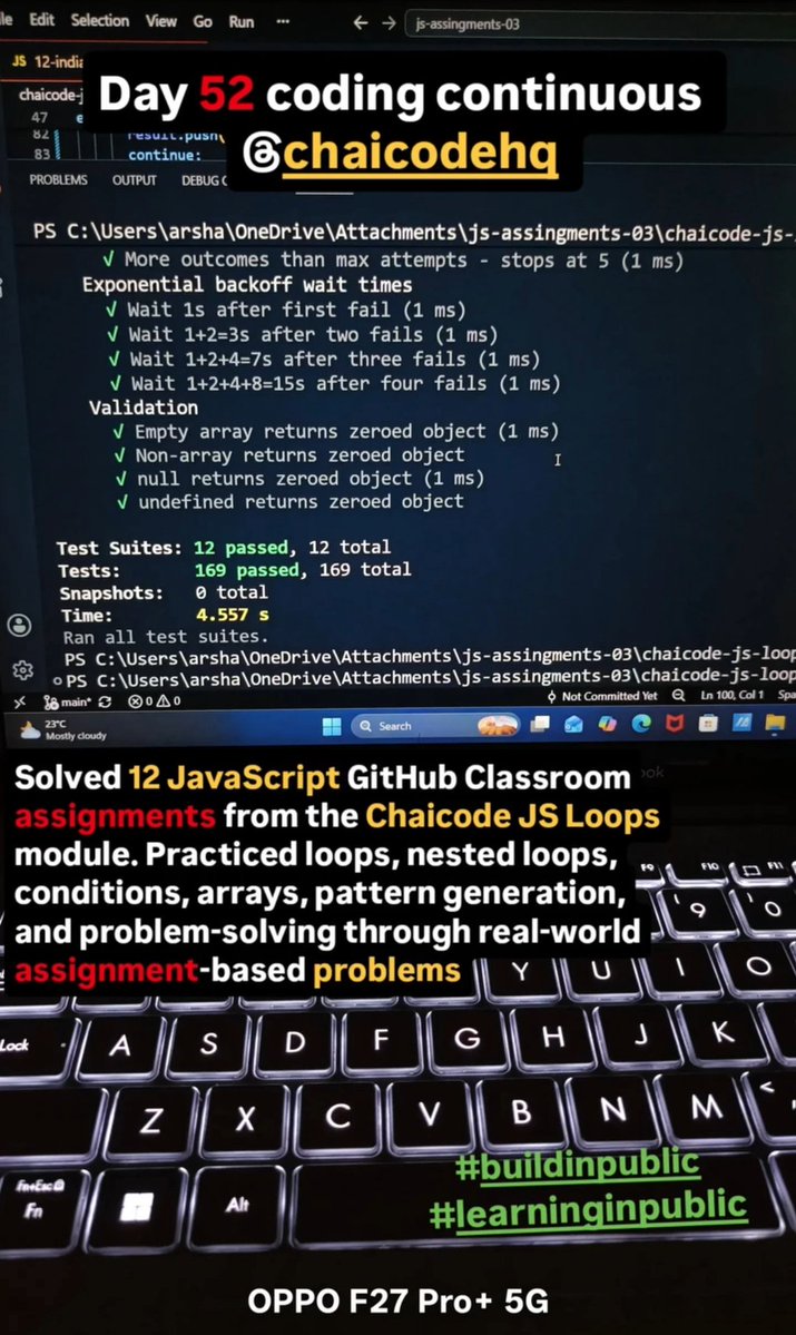 Arshad_sayed_03's tweet photo. Day 52 Coding continuous 
@ChaiCodeHQ 

Solved 12 JavaScript GitHub Classroom assignments from the Chaicode JS Loops module. Practiced loops, nested loops, conditions, arrays, pattern generation, and problem-solving through real-world assignment-based problems

#buildinpublic https://t.co/DbfnRHFsB1
