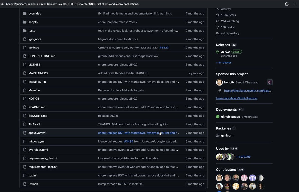 sh_azam_'s tweet photo. I was looking through GitHub and I found @benoitc Repo, 

He Built Gunicorn and has 11K stars on Github and has 6,428 Contributions on GitHub.

Gunicorn is a lightweight, open-source Python web server used to run and scale web applications in production. It sits between the internet and frameworks like Django, Flask, and FastAPI, using multiple worker processes to handle requests efficiently.

Gunicorn has also been used by companies like Instagram, Reddit, Gitlab, Canva, Khan and so many others 

@benoitc is fully onboard and will join comms. 

Gunicorn Repo: https://t.co/cKP7oYJpJG

Dev GitHub: https://t.co/VK4XUdcZS9

Ca: 4xMegMRMd2TFQEXxv39vtMP1r5fFVuA7VcaSmAhLpump