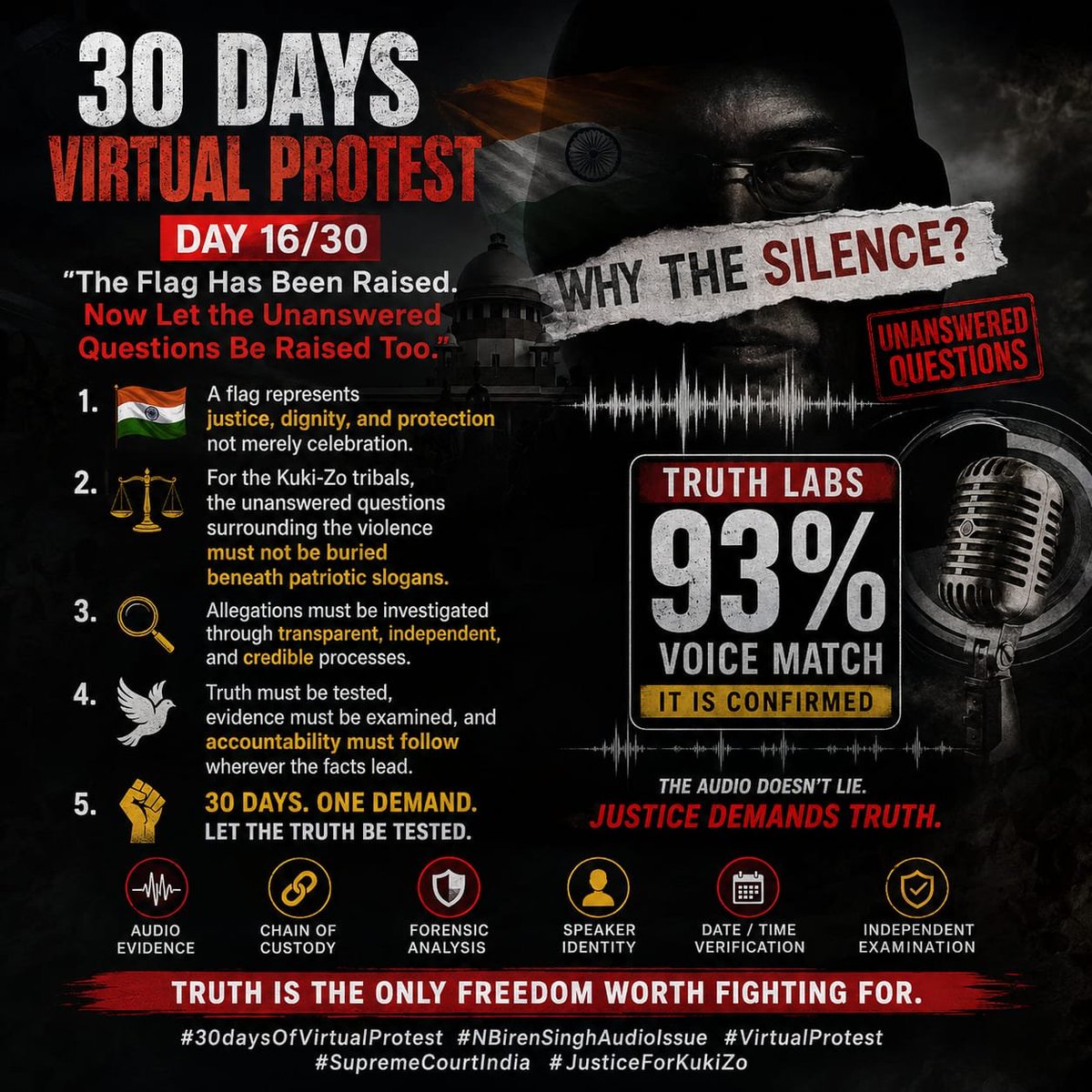 chinkukimizogin's tweet photo. 🔴 Day 16/30 — Silence cannot answer unanswered questions. 🇮🇳 Narratives cannot replace evidence. Let every relevant fact be examined transparently and let justice follow wherever the truth leads. ⚖️

#30daysOfVirtualProtest
#NBirenSinghAudioIssue
#VirtualProtest
#SupremeCourtIndia
#JusticeForKukiZo