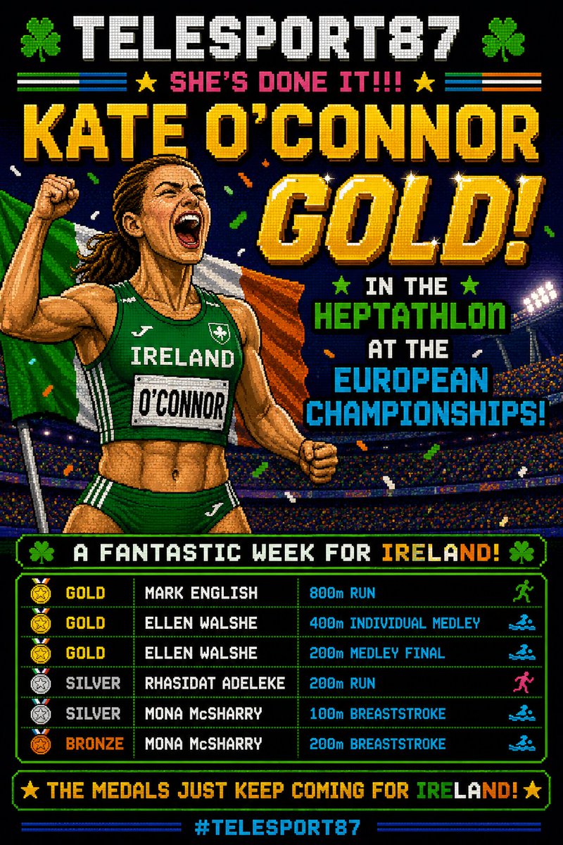TSport87's tweet photo. WHAT. A. WEEK. FOR IRELAND. 🇮🇪🥇
And now Kate O’Connor is EUROPEAN CHAMPION! 🏆.
🥇 Heptathlon GOLD — a phenomenal achievement to add to an incredible Irish medal haul.
Kate O’Connor! European Champion!
#KateOConnor #TeamIreland #EuropeanAthletics #IrishAthletics #TeleSport87 https://t.co/qlU5DNDPnw