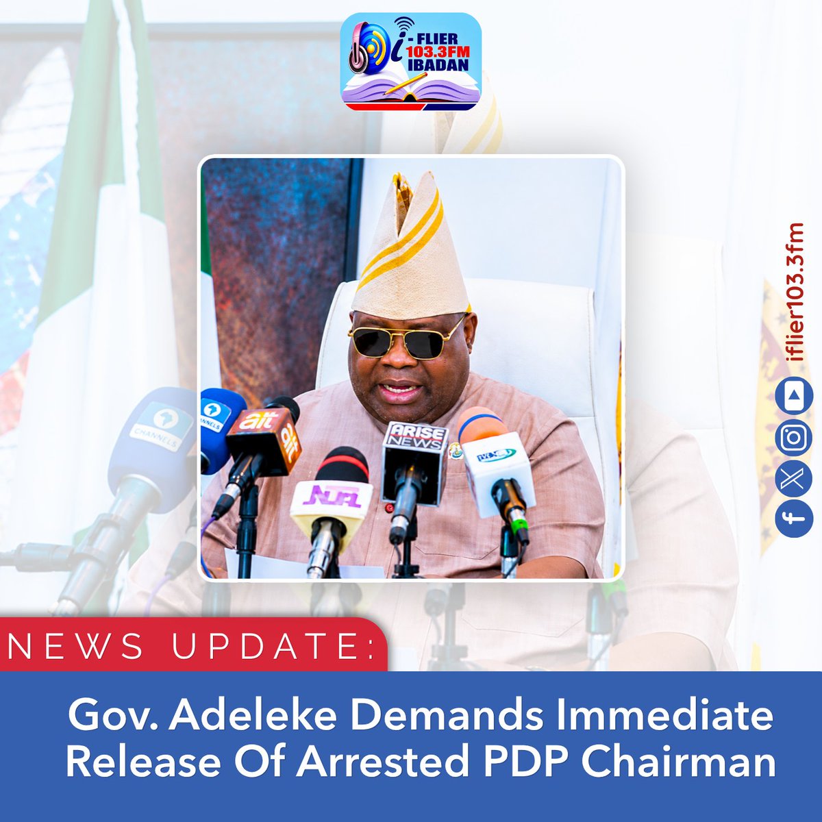 iflierradio's tweet photo. Osun Gov. Ademola Adeleke has condemned the arrest of PDP Chairman Sunday Bisi after voting in Ilesa, calling for his immediate release. He accused the APC and compromised security agents of intimidating supporters and disrupting result monitoring. https://t.co/aoukIn8vV2