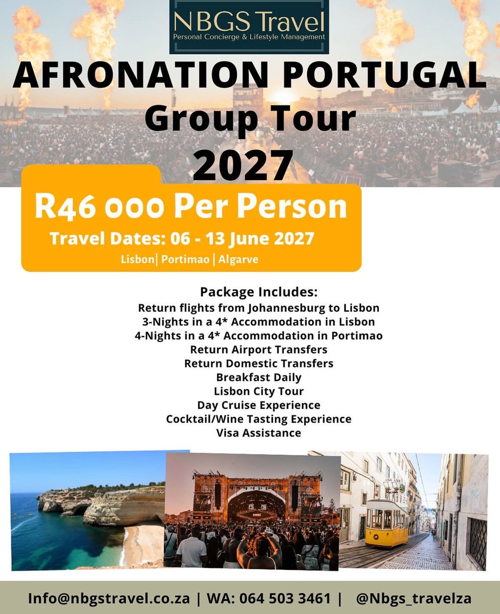 TwinkleBhiya's tweet photo. @K_McGrecoR For R46000 you can go to Portugal Afronation with NBGS Travel for 7 nights including flights, Accommodation, breakfast daily, transfers and activities 
Contact 0798377302 for a full quote. https://t.co/asQxtzTsiy
