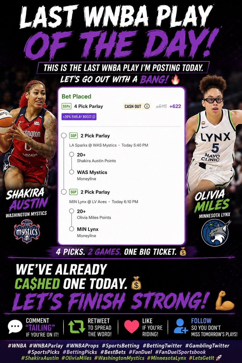 DesktopGambling's tweet photo. 🚨🚨 LAST WNBA PLAY OF THE DAY 🚨🚨

We’re finishing the day with ONE MORE 🔥💰

🎯 4-PICK PARLAY
🏀 Shakira Austin 20+ Points
🏀 Washington Mystics ML
🏀 Olivia Miles 20+ Points
🏀 Minnesota Lynx ML

💰 +622 on #Draftkings 
🔥 20% PARLAY BOOST

We’ve already cashed one today — now LET’S FINISH STRONG. 😤💰

This is the LAST WNBA PLAY I’M POSTING TODAY. If you’re riding, lock it in and let’s see if we can end the night with a BIG ONE! 🤑

👇 COMMENT “TAILING” if you’re on it!
❤️ LIKE + 🔁 RETWEET if you want more plays like this!
👀 FOLLOW so you don’t miss tomorrow’s card!

#WNBA #WNBA2026 #WNBAParlay #WNBAProps #SportsBetting #BettingTwitter #GamblingTwitter #SportsPicks #BettingPicks #BestBets #Draftkings #MinnesotaLynx #OliviaMiles #WashingtonMystics #ShakiraAustin #WNBAFinals #SportsGambling