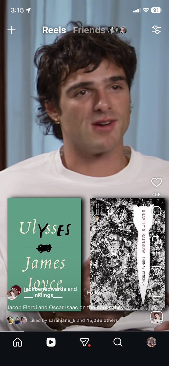 _motherslug's tweet photo. For the record, Jacob Elordi really was out there talking about Pynchon. Gravity’s Rainbow is a book he’s been meaning to read, and Vineland is one he had just read. https://t.co/thoKYsHylx