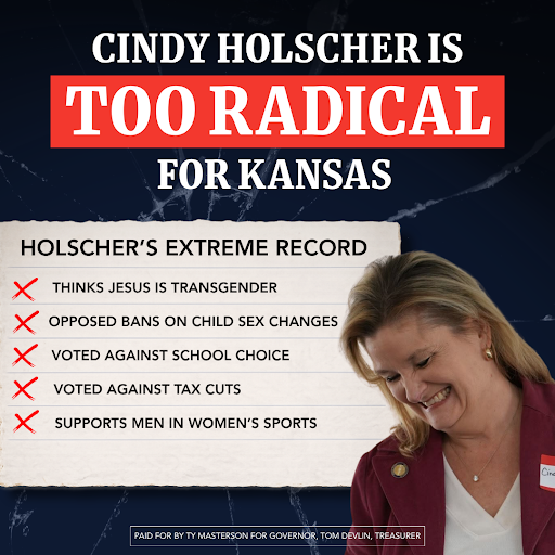 TyMastersonKS's tweet photo. We all know that @Cindy4Kansas is an extremist, and if you don’t believe me, ask our Democrat Governor.

Governor Kelly herself said, “We’re not going to elect an extremist on the left wing this year.”

Cindy Holscher’s own party thinks she is too radical, and if she is elected, Kansas will follow the plan of the radical left who wants to change Kansas and America for the worse.

I’ll keep fighting to make Kansas a place where families, farmers, and businesses can thrive, and where common sense always trumps a radical political agenda.