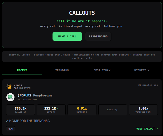 pumpforums's tweet photo. alongside @Pumpfun callouts, Forums callouts are now live.
 
call a coin, lock in the exact MC you found it at, add your thesis, and let the receipt follow you.
 
every call gets tracked over time and affects your Caller Credit depending on how it performs.
 
good calls move you up the leaderboard.
bad calls actually hurt your rep.
the best verified calls can earn small SOL rewards too.
 
https://t.co/Pth6vn0qdy