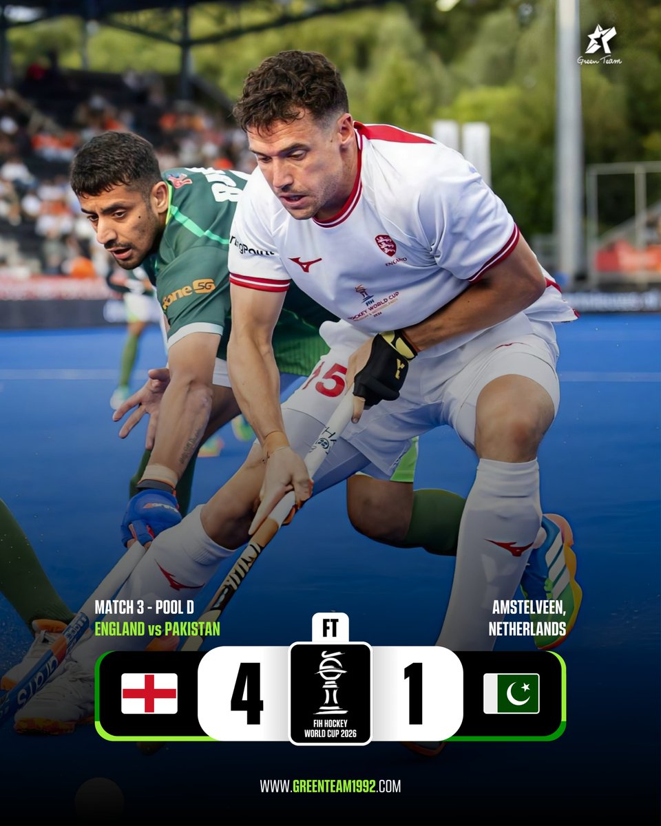 GreenTeam1992's tweet photo. Pakistan start their Men’s Hockey World Cup 2026 campaign with a 4-1 defeat against England.

They will look to bounce back in their next game against Wales on August 17.

#HWC2026 | #GreenTeam | #OurGameOurPassion | #KhelKaJunoon https://t.co/XbRAI9oTOr