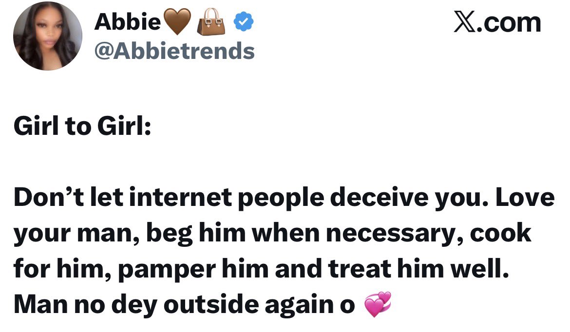 instablog9ja's tweet photo. Media personality Abbie shares advice with women on how to treat their partners https://t.co/zRIAANvTZs