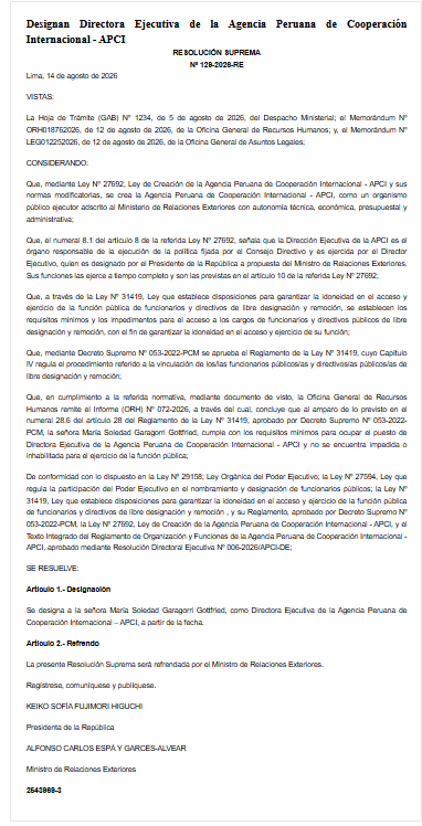 Epicentro_TV's tweet photo. 🔴El Gobierno nombró a María Garragori Gottfried cómo directora ejecutiva de APCI. Según la Ley, para ese cargo se requieren 5 años de experiencia  en manejo de cooperación técnica internacional y en su CV solo aparecen cinco meses de experiencia este año como asesora legal en APCi. Sus cargos anteriores no se refieren a la cooperación internacional.
