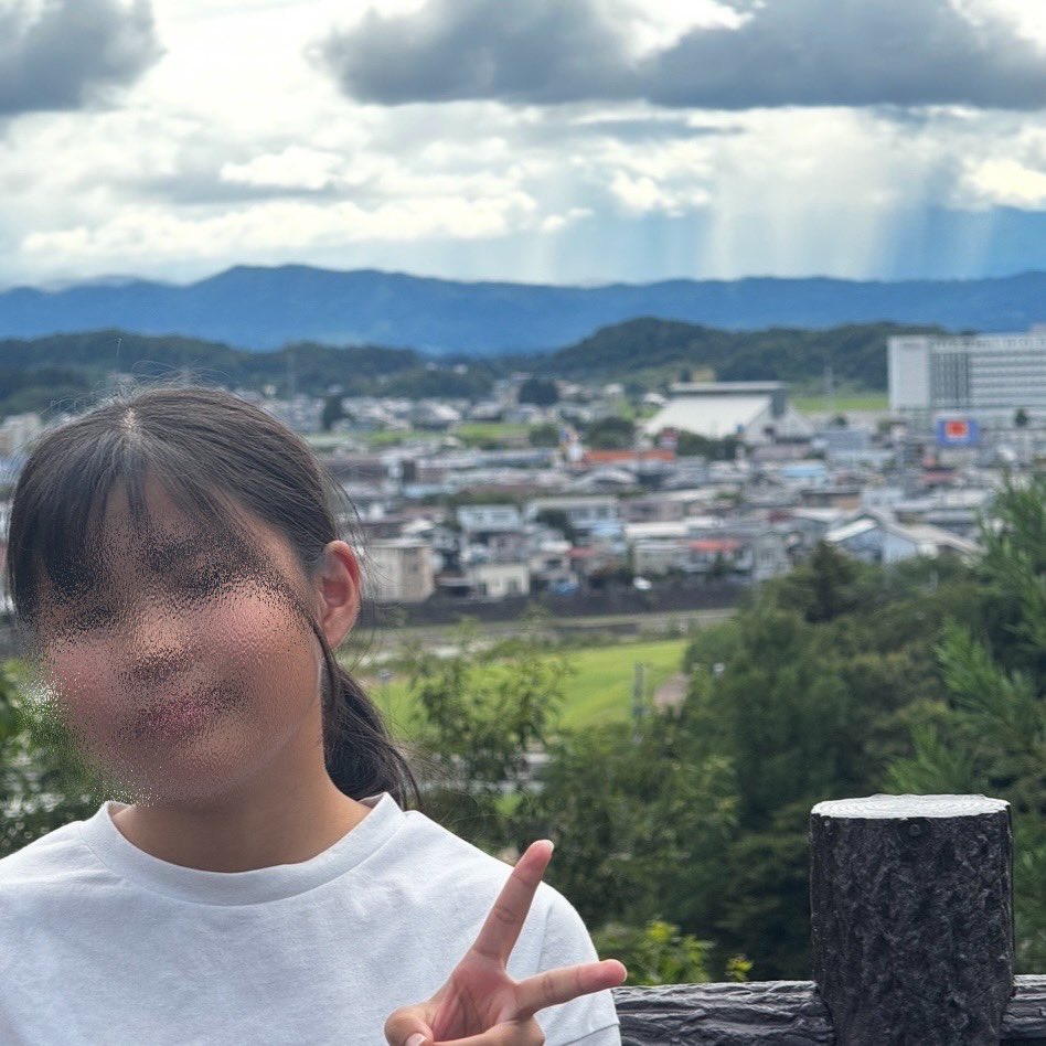 sekaiisan's tweet photo. 「いい笑顔撮れた〜！」って見返したら、背景の町が神の怒りみたいな局地豪雨で消滅しかけてて草。
娘のピースサインとの温度差で風邪ひきそう。

＃横手城 ＃レインシャフト ＃局地豪雨 https://t.co/Nh2XH47JNE