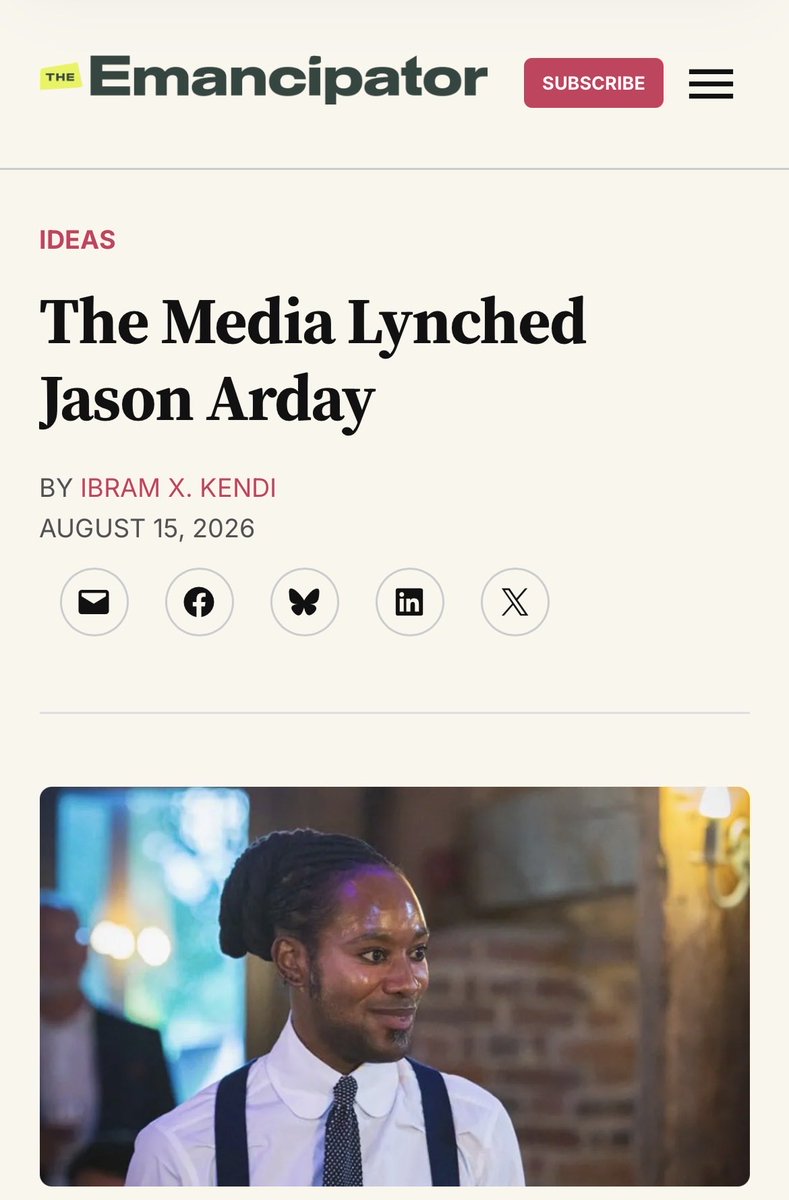ibramxk's tweet photo. The death of Jason Arday hit so close to home that I had no words yesterday. But I woke up with words. 

To be a prominent antiracist Black scholar is to know you are a target, almost totally surrounded by resentments. You know that at any point, the attacks can come like a lynch mob. 

And if you die from all the attacks, the media still calls the attacks on you “accusations” to wash their hands of the blood. Your lynchers announce your death as if they had no role in your lynching. 

My latest at The Emancipator.

https://t.co/Ow40DlCVso