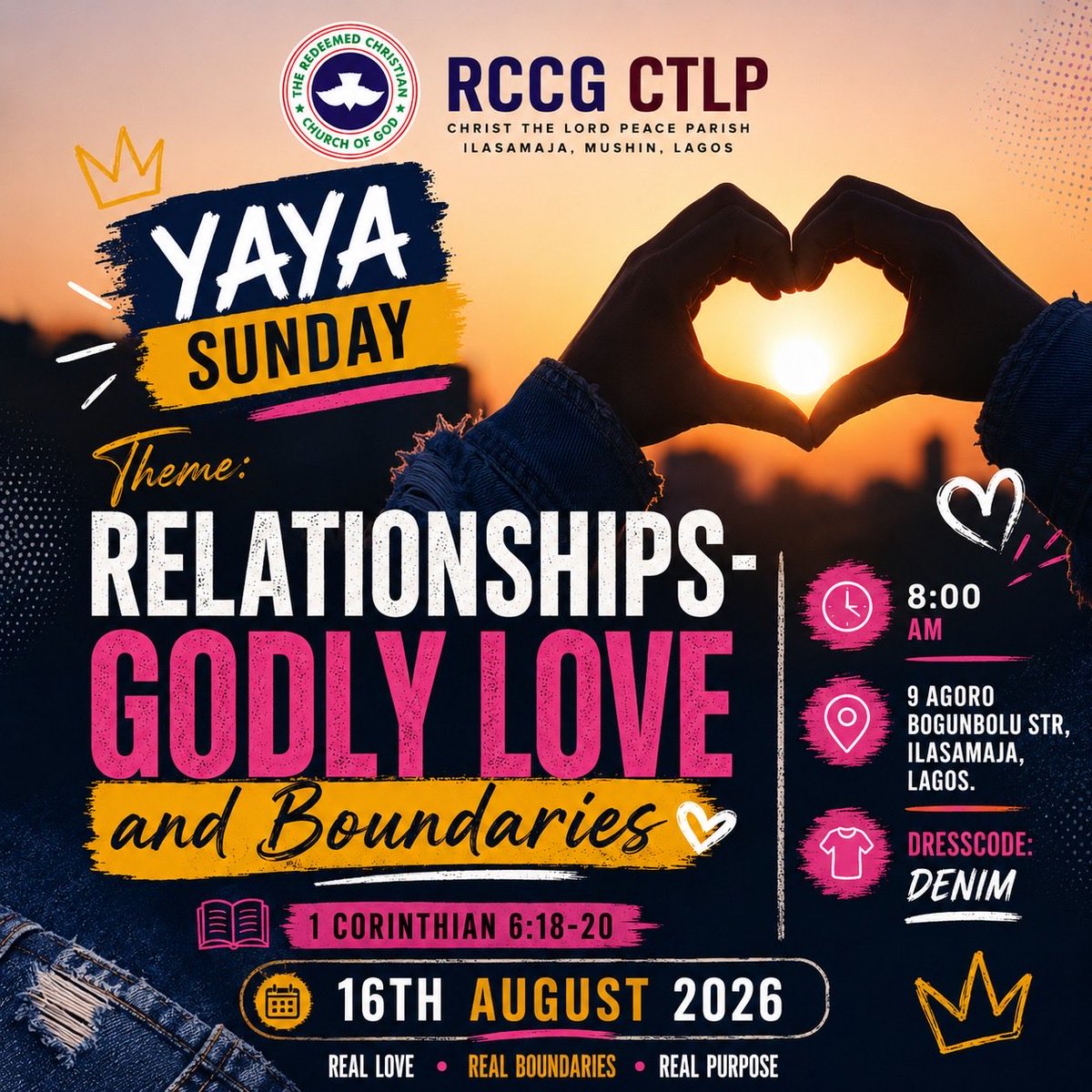 _rccgctlp's tweet photo. 🔔 YAYA SUNDAY REMINDER

GREAT PATHFINDERS!!Tomorrow is YAYA Sunday! 🥳❤️

Come ready to fellowship, connect, and learn about Godly Love &amp; Boundaries.

📖 Text: 1 Corinthians 6:18–20
⏰ Time: 8:00 AM
👖 Dress Code: Denim

Don’t come alone,invite someone! See you in church! ❤️���🔥 https://t.co/PCc1200xeu