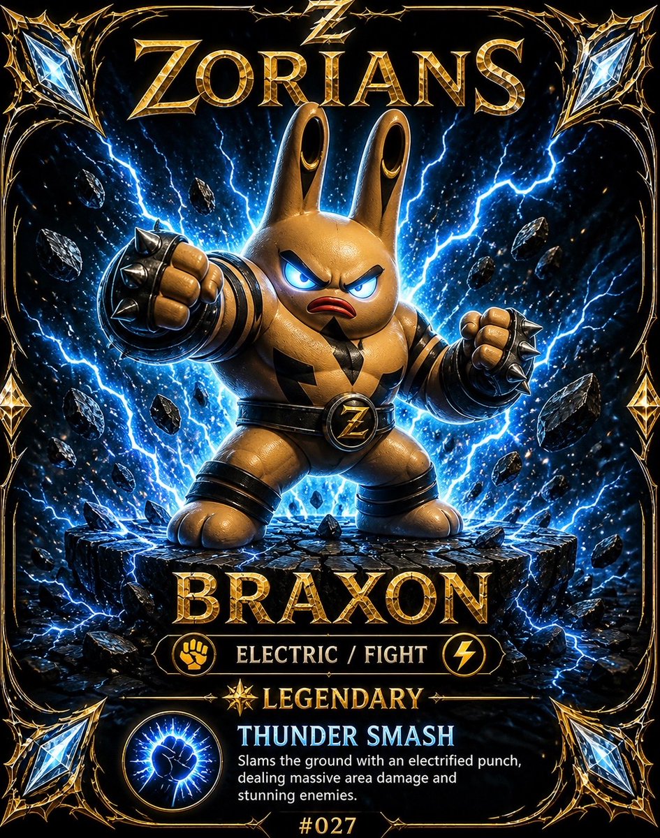 zoryanftgame's tweet photo. Meet BRAXON ⚡️🥊

#027 — Electric / Fight | Legendary

THUNDER SMASH ⚡️
One electrified punch. Massive damage. No mercy.

Another legendary ZORIAN enters the arena. ⚔️
 #zoryanftgame #zorya #nft #robinhoodnft #airdrop #robinhoodchain #3d #robinhoodsummer #cashcat #robinhood https://t.co/cAV5eeagEb