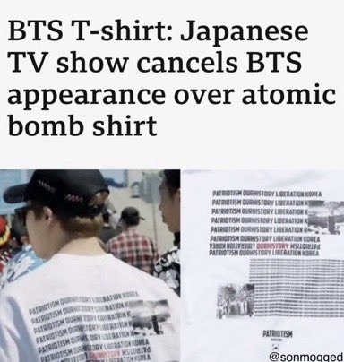 bratzone_'s tweet photo. In 2018, Jimin wore a T-shirt depicting the US atomic bombing of Japan. Bts fans praise him because they were affected during the Korean x Japanese war. However, even though Japan affected Korea, supporting the bombing of innocent people is not right https://t.co/CAf2JwQGdH