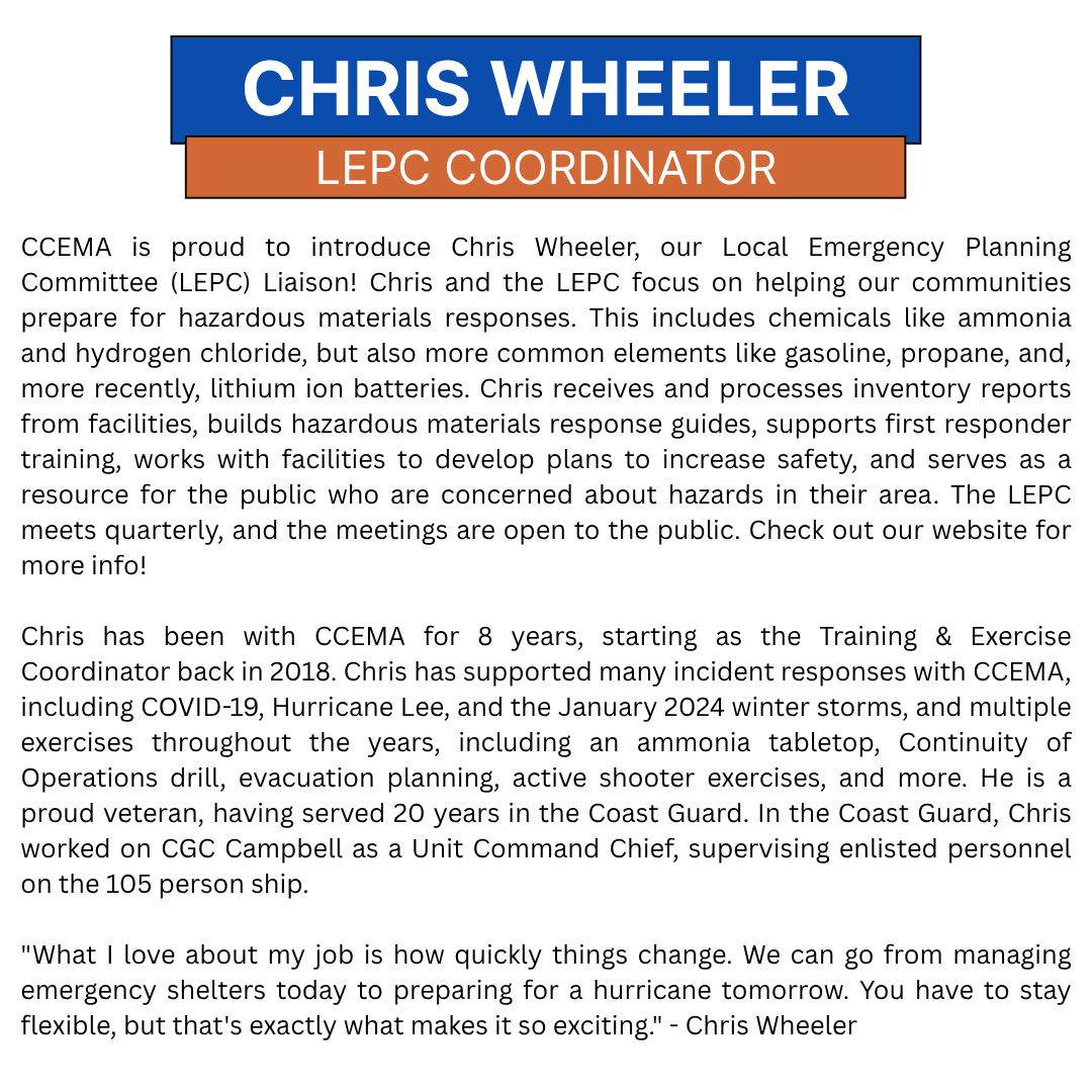 ccemaready's tweet photo. Introducing Chris Wheeler, our Local Emergency Planning Committee (LEPC) Liaison! https://t.co/QPRu7NK0SJ