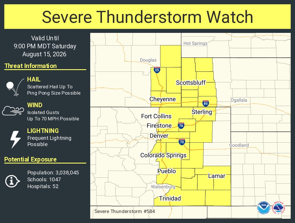 NWSCheyenne's tweet photo. A severe thunderstorm watch has been issued for parts of Colorado, Nebraska and Wyoming until 9 PM MDT https://t.co/Te0IydYhdu
