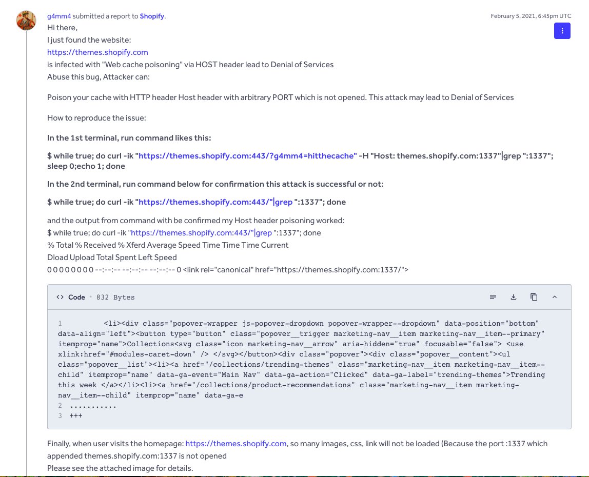 bbr_bug's tweet photo. 1/6 - Bug Bounty Report Thread 🧵
Topic: Web Cache Poisoning via Host Header
Report Info: A researcher found a way to poison Shopify’s cache by manipulating the Host header.
Bounty: $2,900 💰
#bugbounty #infosec #bugreports
Look: https://t.co/s19zUsyQB5 https://t.co/EXdqNPJqxS