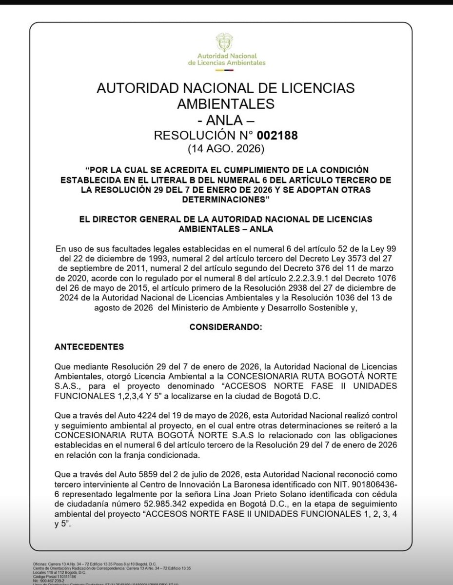 EspinosaRadio's tweet photo. Gran noticia 

@ANLA_Col confirma avance clave para la ampliación, por fin, de la Autopista Norte en Bogotá: 

Lista la resolución que les permite comenzar las obras de la nueva Autopista

👇🏼👇🏼 https://t.co/UG9tHkz8xF