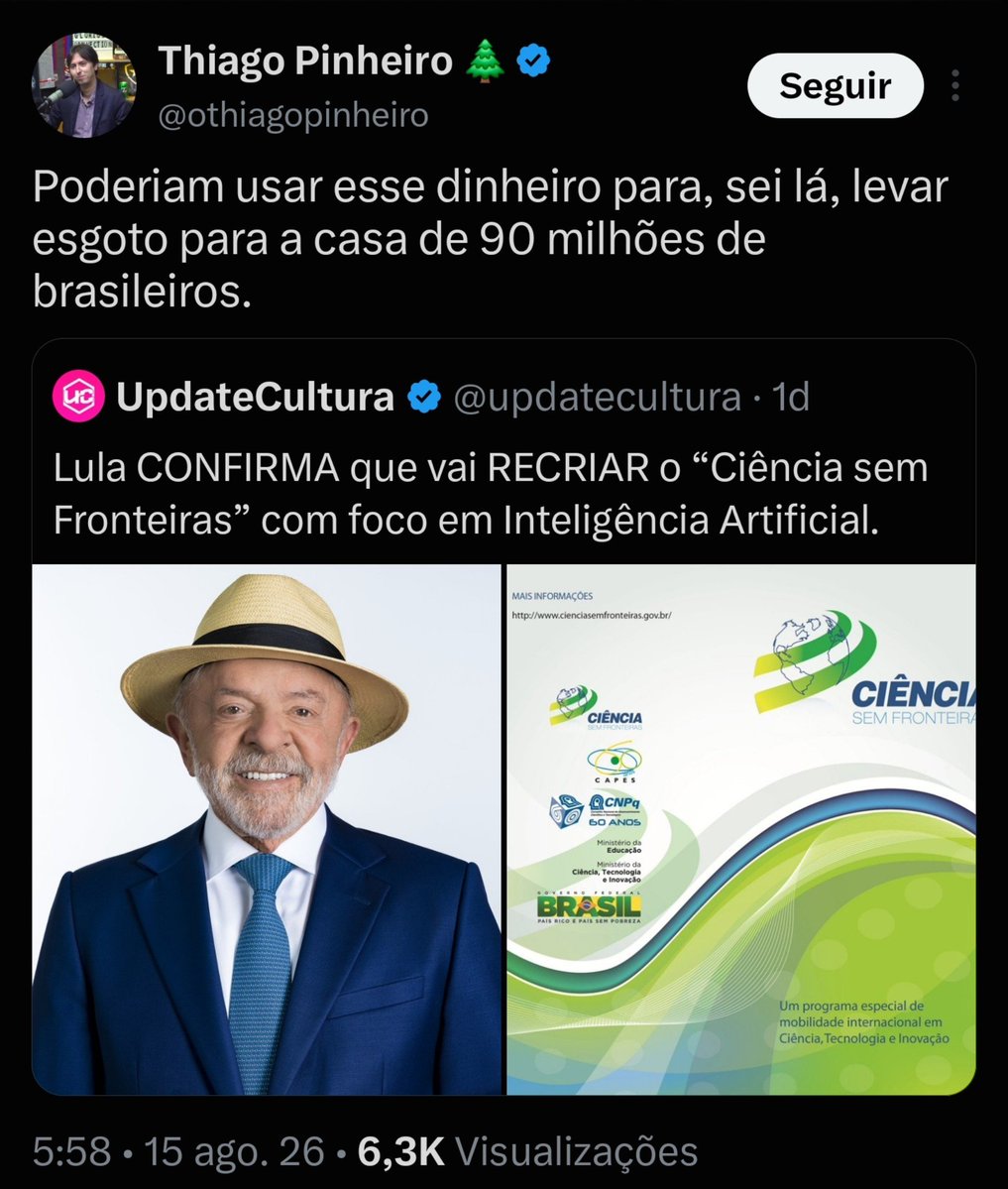 giaoselva's tweet photo. Tive que printar porque sou bloqueado.

Quem tem a obrigação de levar saneamento para 90 milhões de brasileiros são as empresas privadas de saneamento, que, graças às privatizações feitas a toque de caixa pelos estados e municípios, tiveram essa função delegada a elas.

Sempre me impressiona que, quando o assunto é ciência neste país, surge um “deveriam fazer isso antes”.
