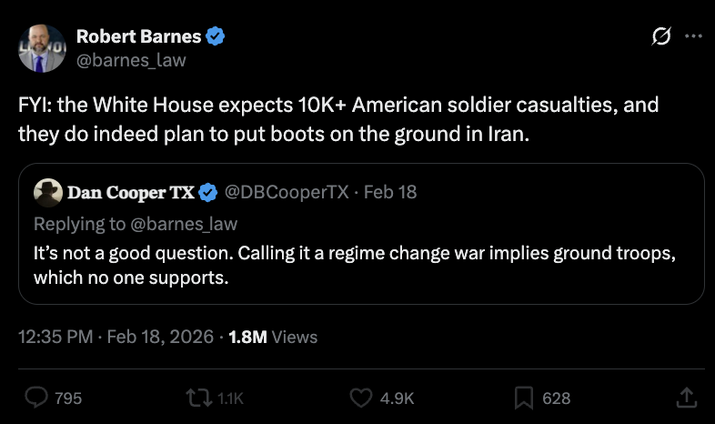 MaxNordau's tweet photo. Six months ago today, Robert Barnes pretended that he had a White House source.

He predicted 10K+ American soldier casualties and boots on the ground.

1.1K RTs https://t.co/kO1iXSPvWx
