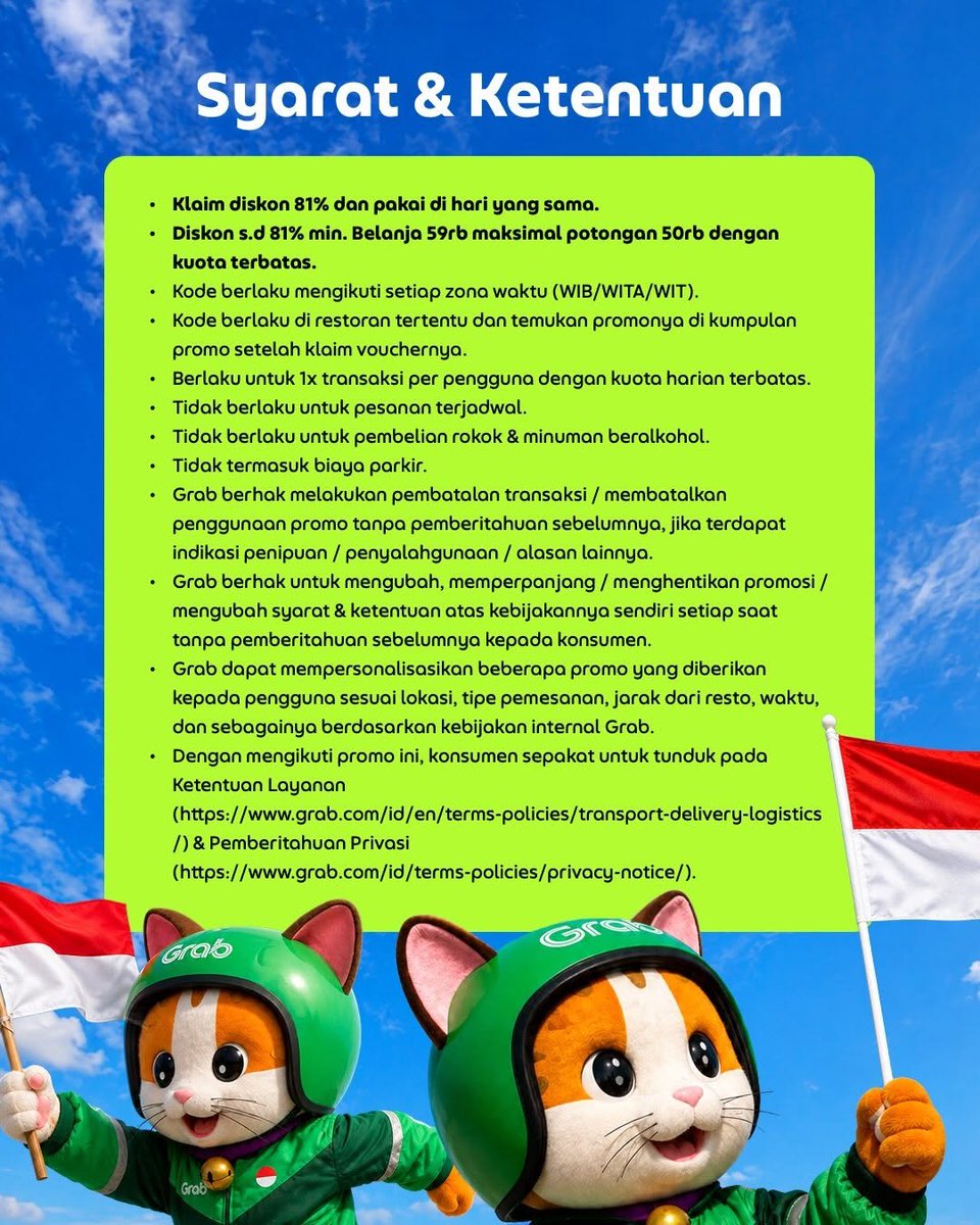 RacunBelanja's tweet photo. Diskon Puas Kilat GrabFood
🗓️ 16-17 Agustus 2026
⏰ Jam 10:00 (WIB/WITA/WIT)

Diskon 81% maksimal Rp50.000
Minimal pembelian Rp59.000

📌 Biasanya voucher muncul duluan 3 menit sebelum waktunya https://t.co/osZXTMRvZj