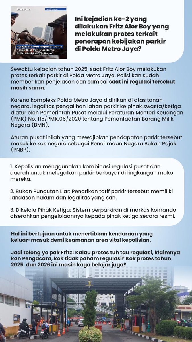 pilarkeamanan's tweet photo. Kalau ada aturan resminya, berarti pembahasannya jangan langsung nuduh pungli

#poldametrojaya #parkirpoldametrojaya #pmj #viral https://t.co/C71gpvIGsz