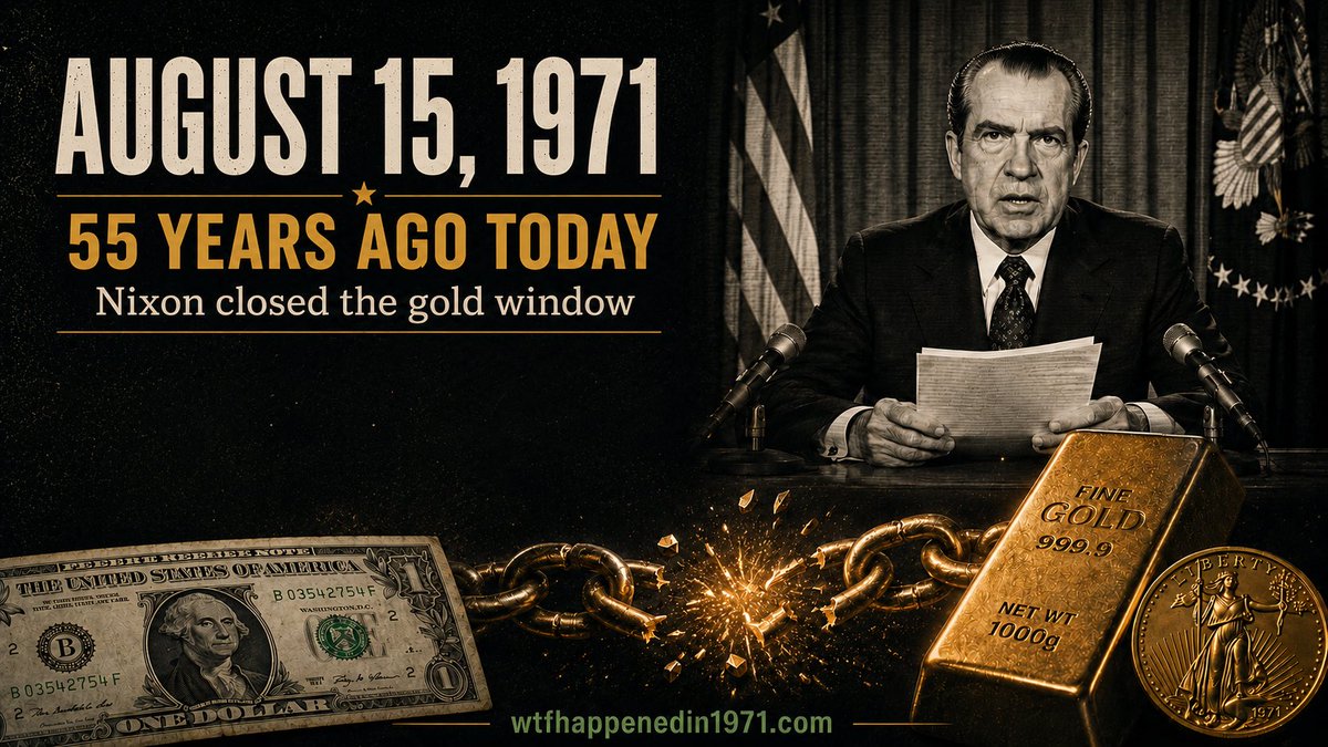 TIMSONLABS's tweet photo. August 15, 1971 changed money forever. Exactly 55 years ago today.

Nixon suspended the dollar’s convertibility into gold at $35/oz.

“Temporarily.” But it never came back.

55 years later, we live in a world of fiat currencies, expanding debt and monetary experimentation.

Then came #Bitcoin.

Start here:
https://t.co/WaCbHeRTcc