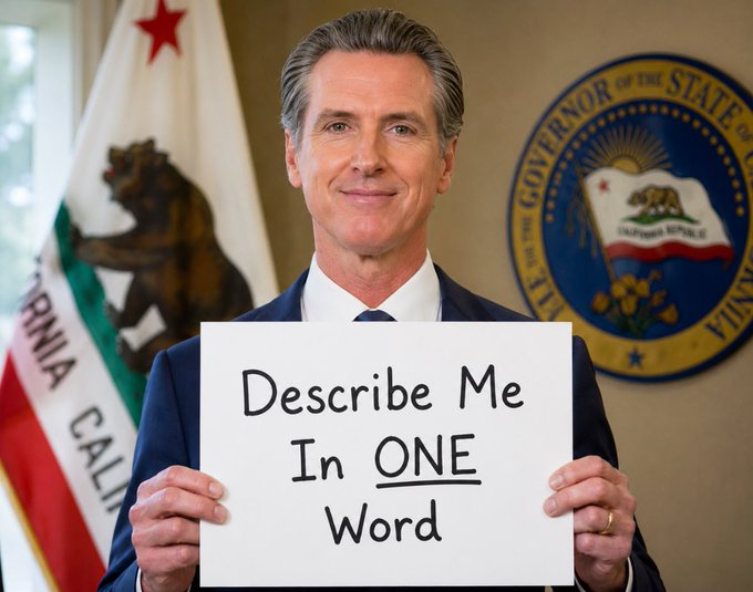 AntiLeftMemes's tweet photo. How would you describe Gavin Newsom using ONE word ?? https://t.co/hbUQIkgjUr