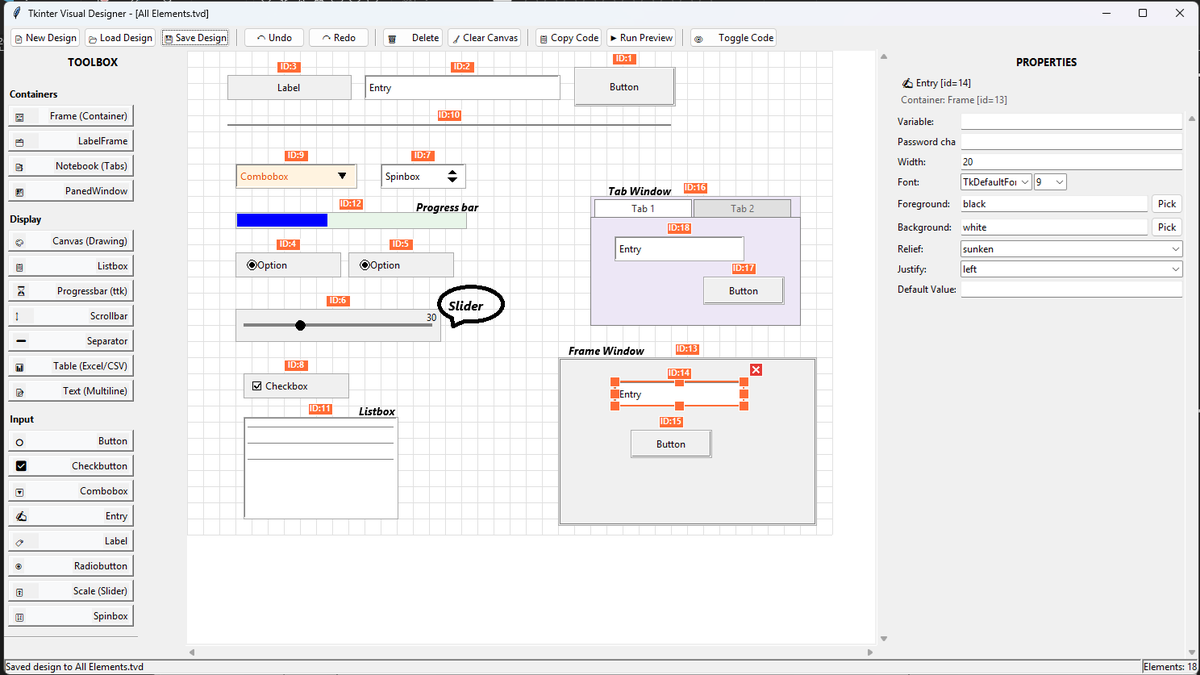 rahilkasimi's tweet photo. 🚀Just built Tkinter Visual Designer, a pure Python drag-and-drop GUI builder for Tkinter!

✨ Drag &amp; drop widgets 
🎨 Edit properties live 
💻 Generate clean OOP code 
🔄 Undo/Redo + containers + event handlers  

Check it out 👇 https://t.co/H1cbqRjvJa
#Python #Tkinter #GUI https://t.co/0UuoSh6Nh1