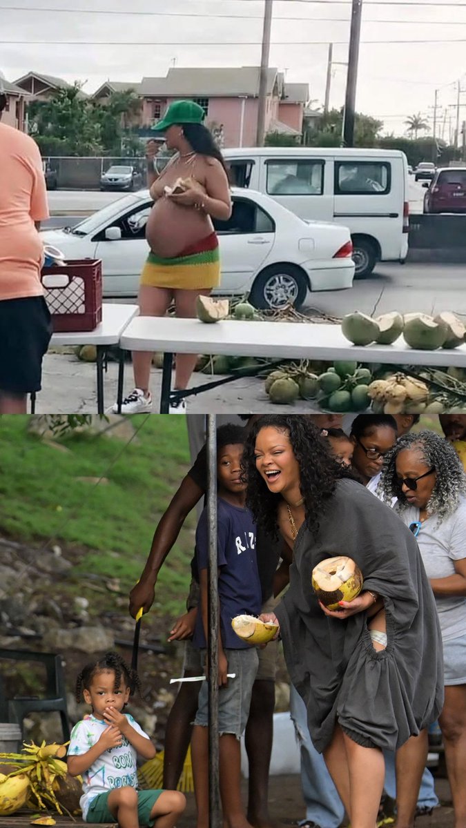 FentyHeadlines's tweet photo. Rihanna having coconut while pregnant with Riot vs. sharing it with him 😭❤️ https://t.co/UX6LwE0ngb