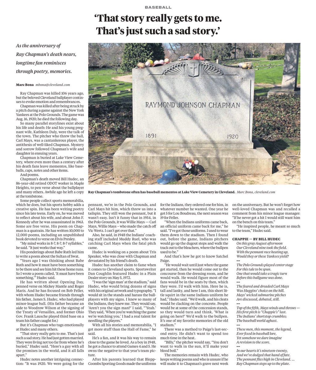 LeagueParkCle's tweet photo. A nice piece by Marc Bona from the Cleveland Plain Dealer earlier this week with some new spin on the death of League Park star Ray Chapman. https://t.co/4bGnuAHCA3