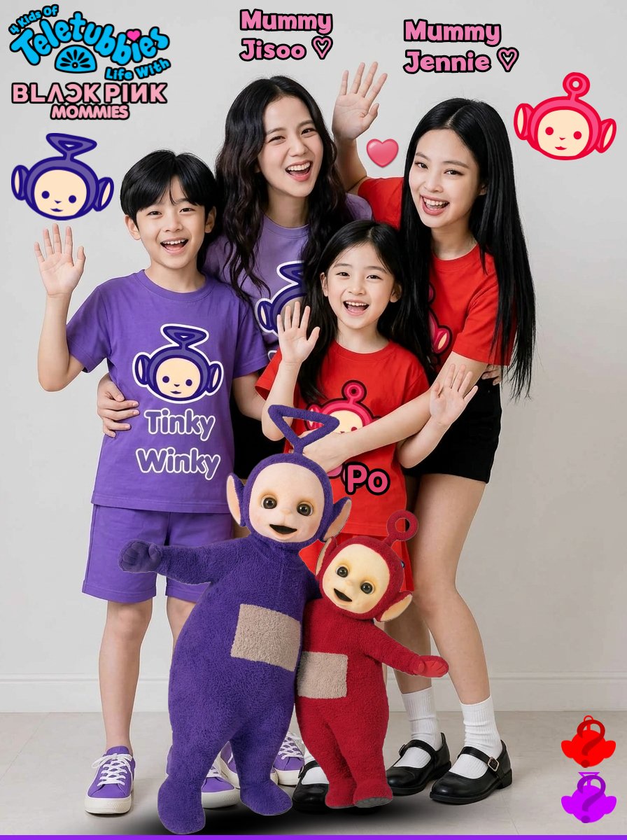 TeletubbyStudio's tweet photo. Here's Tinky Winky (Timmy Kim 11 Years Old), Mummy Jisoo (Kim Ji-Soo), Po (Pui Lily Kim 8 Years Old) And Mummy Jennie (Jennie Kim) #Teletubbies #TeletubbiesWorld #BLACKPINK https://t.co/ZEhZZORggE https://t.co/Rbv6NRSPT1
