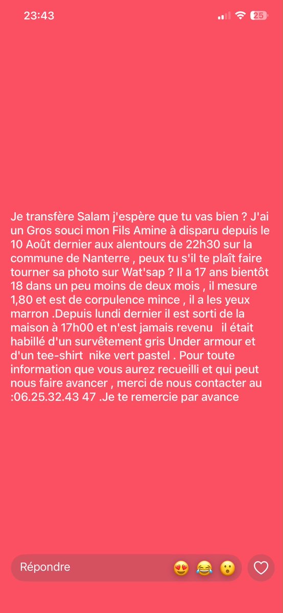 oualidibnmo's tweet photo. ⚠️Disparition inquiétante - Nanterre (92)
Amine, 17 ans, disparu depuis le 10 août
[RT, like appréciés, pensez à ces proches et ça aurait pu être vous ou votre frère] https://t.co/kG6zzi0H5r