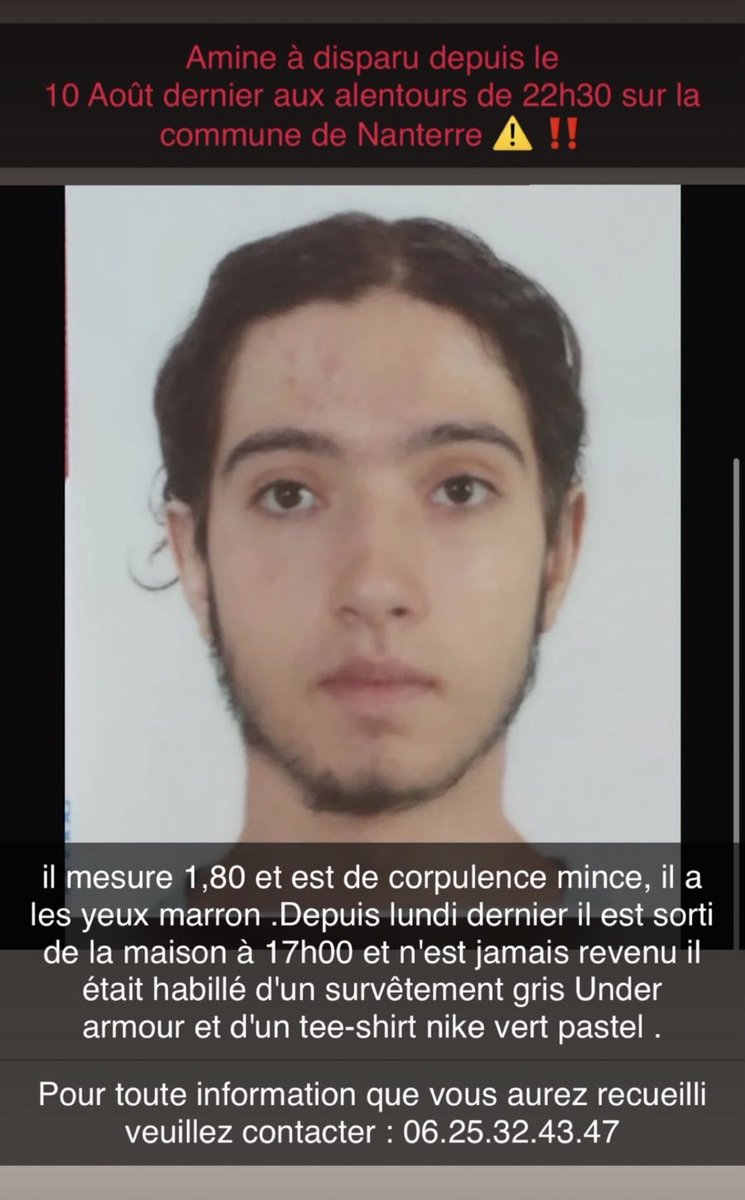 oualidibnmo's tweet photo. ⚠️Disparition inquiétante - Nanterre (92)
Amine, 17 ans, disparu depuis le 10 août
[RT, like appréciés, pensez à ces proches et ça aurait pu être vous ou votre frère] https://t.co/kG6zzi0H5r