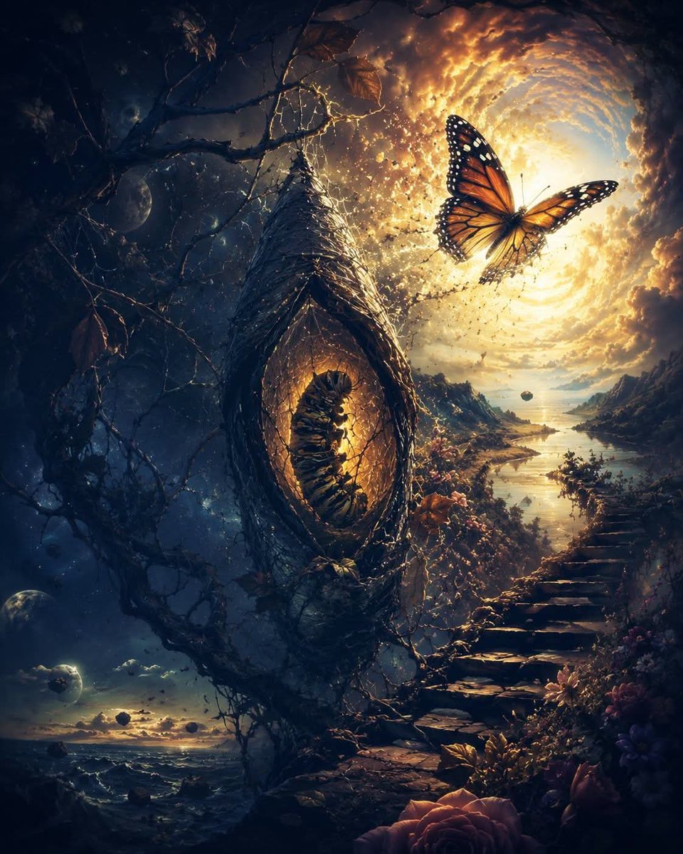 suaVe_teRNuRa's tweet photo. " ALAS INVISIBLES

En la quietud del jardín, donde la luz del sol danzaba sobre las hojas, una mariposa le habló suavemente a una oruga bajo los árboles.

«Querida amiga», dijo con suma delicadeza, «dentro de ti reside un poder, un cambio a punto de ocurrir, un capullo ansioso por florecer».

Pero la oruga, llena de dudas, no podía comprender tal destino. 

Se aferraba a la tierra; sus pensamientos estaban atados, creía que sus sueños podían esperar.

Sin embargo, la mariposa, con alas doradas, cantaba sobre cielos de un azul infinito, sobre vientos que traen sueños inconfesables, sobre el dulce perfume de las flores.

Pintó imágenes de mundos invisibles, de océanos rebosantes de vida; la animó a desprenderse de su vieja y desgastada piel y a encontrar sus alas en pleno vuelo.

Con cada palabra, conmovía su alma, como una caricia sobre piel tierna, y una chispa latente comenzó a crecer, un fuego profundo en su interior.

Ella se fue volando, como sueños fugaces que algunos días dudaría.

Pero, a medida que los días se convertían en semanas, sus pensamientos comenzaron a clamar. 

Lentamente, comenzó a ver todo lo que aún desconocía. 

Despojándose de sus miedos como hojas de otoño, sintió crecer su pasión.

Cuanto más se desprendía de sus miedos, más sentía la necesidad de disminuir el ritmo, de apartarse, de encontrar un lugar para respirar.

Con sus pensamientos ahora en constante cambio, eligió estar solo y encontró un lugar tranquilo y escondido, un arbusto muy frondoso.

Allí reflexionó, perdido en sus pensamientos, y mientras su mente jugaba, se escondió tan bien que pronto se vio rodeado por la oscuridad.

Sin luz que ver, el miedo se apoderó de su corazón, mientras la oscuridad lo envolvía.   

Pero entonces recordó la verdad de la mariposa, la belleza que ella había encontrado.

De flores en flor y cielos infinitos, de sueños que podían hacerse realidad, y un día, en un estallido de luz, emergió de su capullo.

Con las alas desplegadas, una visión grandiosa, adornada con vibrantes colores, se elevó hacia el aire libre, abrazando la vida de nuevo.

Ella estaba allí, esperando, sabiendo que algún día volaría.   

Él se estremeció ante la belleza que su corazón no podía negar.

Juntos se elevaron, dos espíritus libres, en el cielo infinito. 

Con alas de verdad volaron hacia su hermoso destino.

Y en ese instante, uno al lado del otro, bajo el azul infinito, supieron que su fe había hecho realidad sus sueños.

Por cada duda y temor que derramaron, por cada lágrima y suspiro, los había guiado a este lugar perfecto, donde podían volar libremente.

En la quietud del jardín, donde la luz del sol se filtra suavemente, florece una historia de transformación, llevada por la brisa.

Caemos, fracasamos, tropezamos, a menudo nos preguntamos por qué, pero como la oruga, estamos encontrando la fe para volar."

Heather Lea