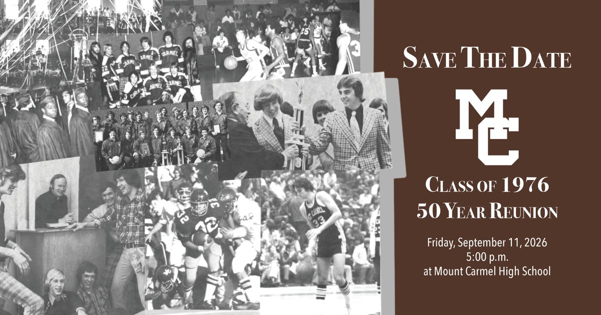 MountCarmelHS's tweet photo. Calling the Class of 1976 for your 50th reunion the evening of Friday, September 11 at Mount Carmel.  Enjoy a great evening with friends at Mount Carmel!

https://t.co/kgxH6VqqWp https://t.co/fxS7z4smYW