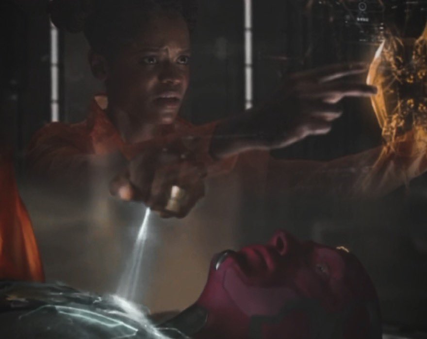 _heisajebo's tweet photo. Rewatching WandaVision and realized Wanda’s "fake" Vision wasn't a delusion at all. 

In Infinity War, Shuri proved Vision’s mind was a mix of JARVIS, Tony, and the Mind Stone. When Wanda created the Hex, she didn't just conjure a puppet; she tapped into those residual energy signatures to reconstruct his actual soul.

That’s why he could think, grow, and eventually pass his memories to White Vision. She didn't hallucinate a husband; she accidentally brought him back to life.