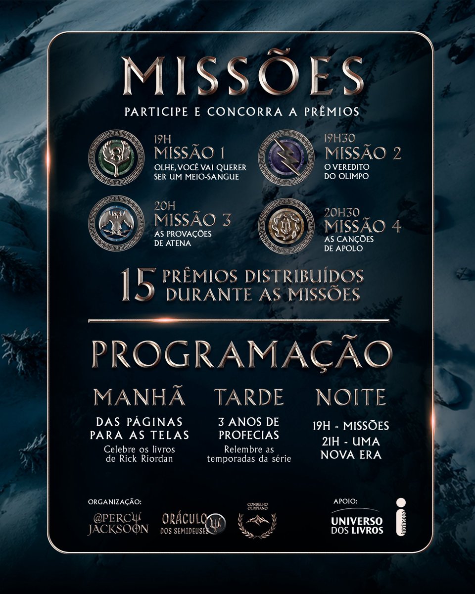 PercyJacksoon's tweet photo. A PROFECIA COMEÇOU: CONFIRA O CRONOGRAMA OFICIAL DO #PERCYJACKSONDAY! 🔱❄️

Prepare o seu coração, pois a nossa celebração do dia 18 será histórica!
O Acampamento Meio-Sangue está oficialmente convocado para um dia de homenagens, debates e 4 GRANDES MISSÕES valendo 15 PRÊMIOS! 📚 https://t.co/EJeUNNeBa8