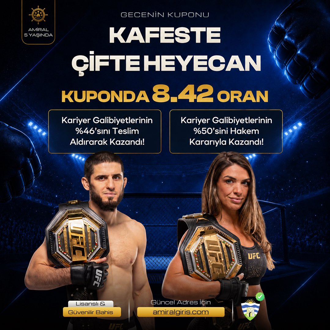 Amiralresmi's tweet photo. 🥊 UFC HEYECANI BETAMİRAL’DE!

☄Gecenin UFC karşılaşmalarını tek kuponda buluşturduk

🥊İslam teslim olma ile kazanır!
🥊 Mckenzie hakem kararı ile kazanır!

🥊 KUPONDA 8.42 ORAN

🥊 UFC gecesinin heyecanını Betamiral ile yaşa!

Betamiral Giriş: https://t.co/QfI0hPPO5w https://t.co/5iibt90rWd