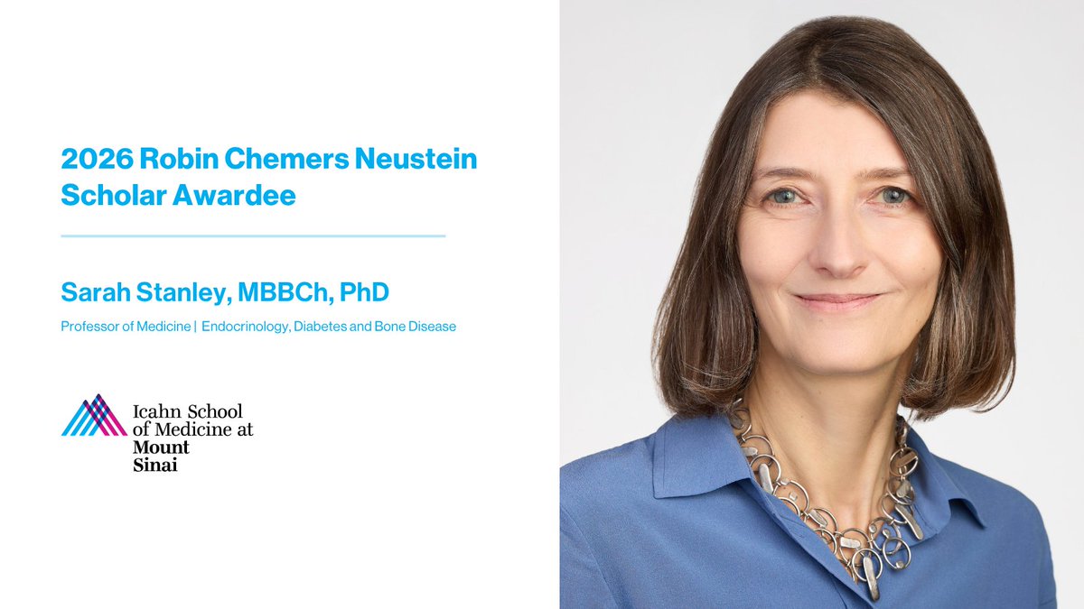 DOMSinaiNYC's tweet photo. Congratulations to Sarah Stanley, MBBCh, PhD, Professor of Medicine (Endocrinology, Diabetes and Bone Disease) at the Icahn School of Medicine at Mount Sinai, on being named an inaugural recipient of the 2026 Robin Chemers Neustein Scholar Award. #WeFindAWat https://t.co/LtTZh7jFEh