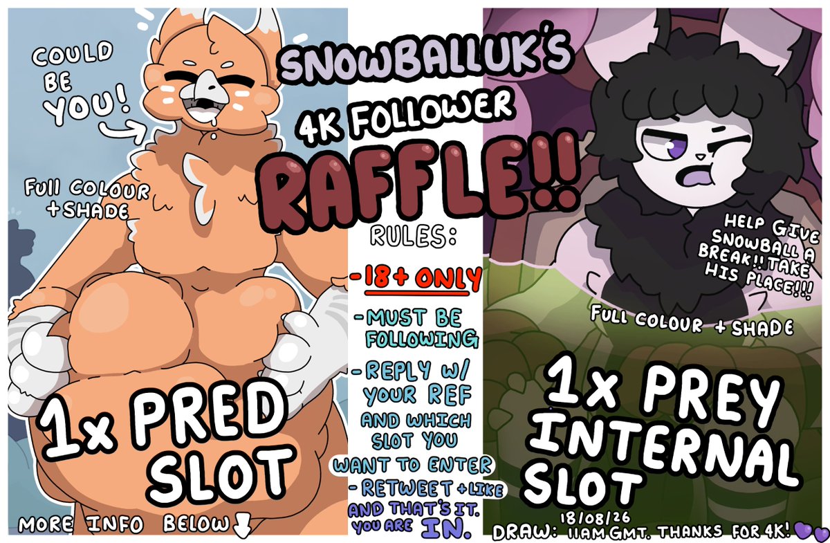 snowball_uk's tweet photo. Want to see your character in my vorny art style? Now's your chance! Doing a raffle for 4k followers >:D

I wanted to cater to both pred and prey preferences, so there's a slot for each! Info on how to enter is below >:3c 

Winners announced on Tuesday! not too long to wait >:P https://t.co/iJpOUEXBr2