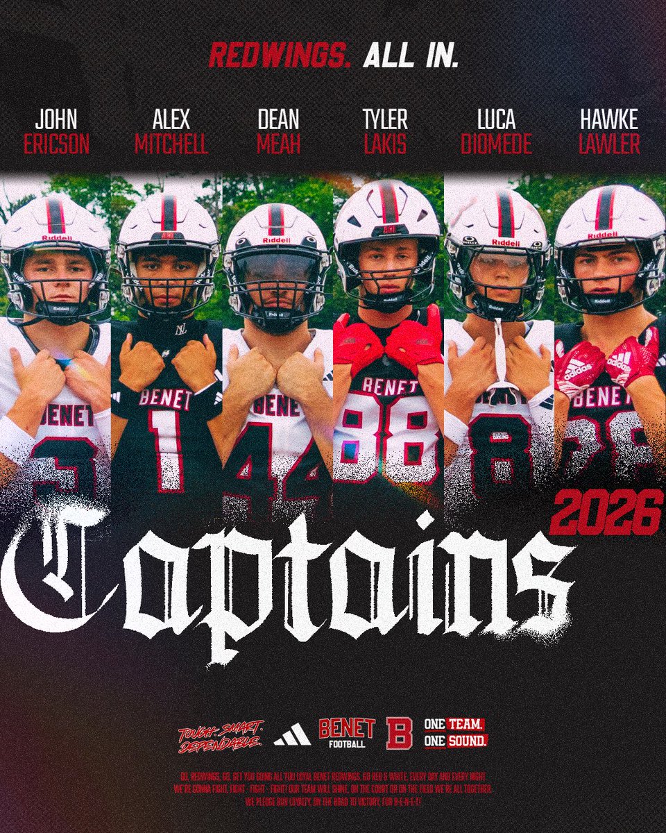 BenetRedwingFB's tweet photo. 𝐋𝐞𝐚𝐝𝐢𝐧𝐠 𝐭𝐡𝐞 𝐂𝐡𝐚𝐫𝐠𝐞.

Your Captains for your 2026 Redwing football team.

#OTOS #ALLIN https://t.co/G1aNh3kUdJ