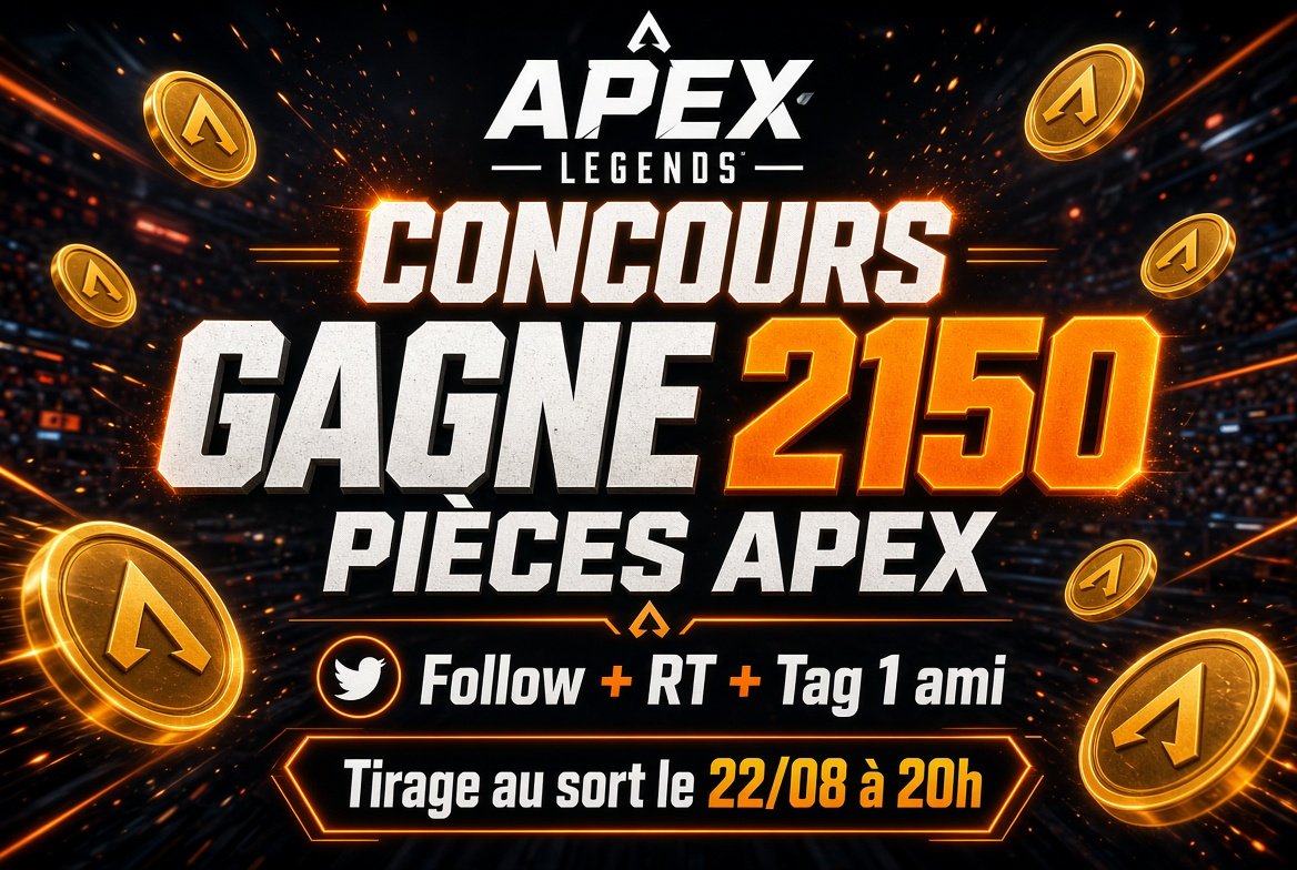 CloneWar33's tweet photo. 🚀CONCOURS APEX LEGENGS🚀

Gagne 2150 pièces Apex

Pour participer: 
✅Follow @CloneWar33 
✅RT le tweet
✅Tag 1 ami

Tirage au sort Samedi 22 Août à 20h en live sur Twitch! https://t.co/uOW8ODZvA4